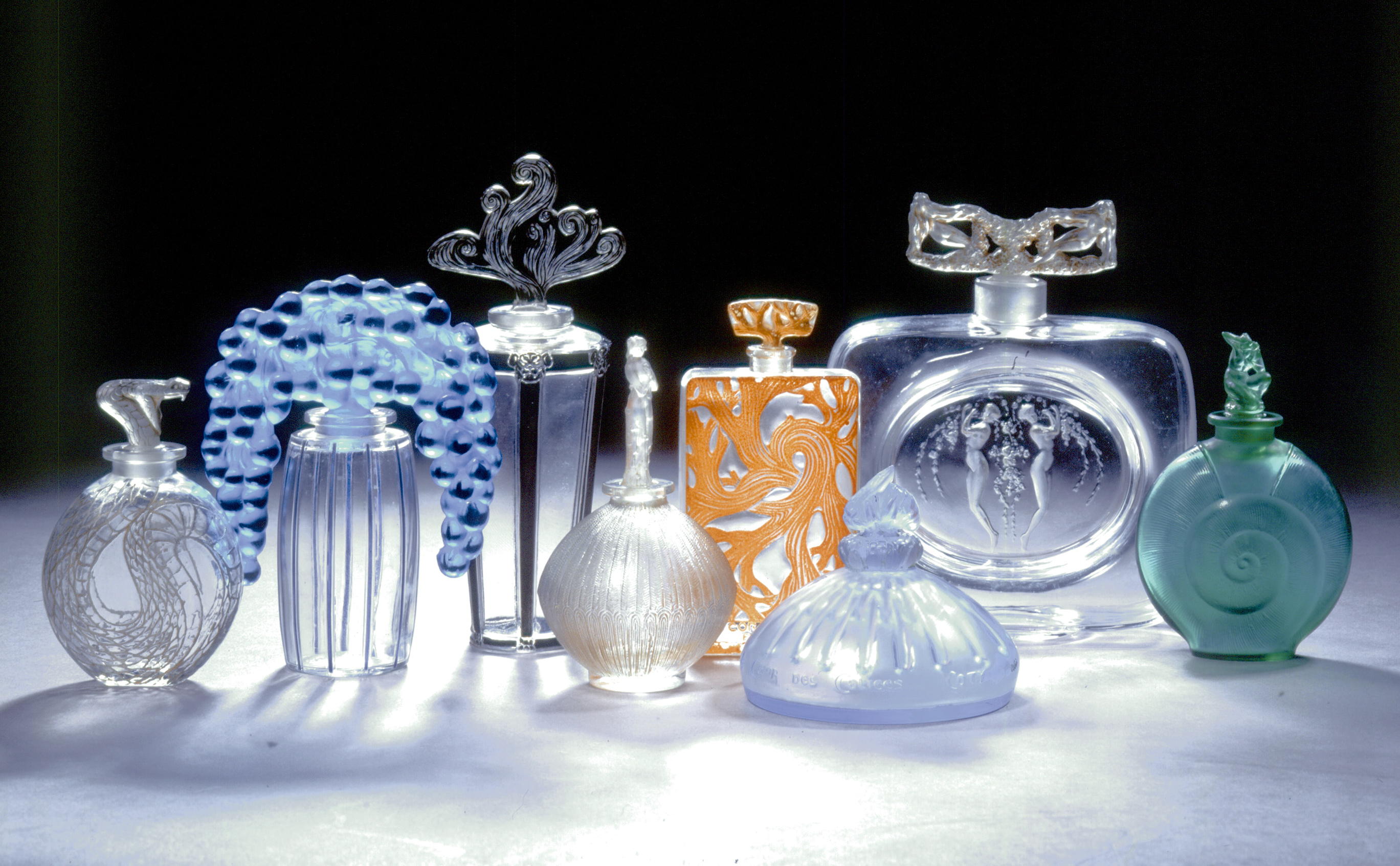 HANDOUT - An by the Lalique Museum shows a collection of perfumery bottles inside the new Lalique Museum in Wingen-sur-Moder (Northe Alsace), France. More than 600 jewelry and glass objects of the French designer Rene Lalique