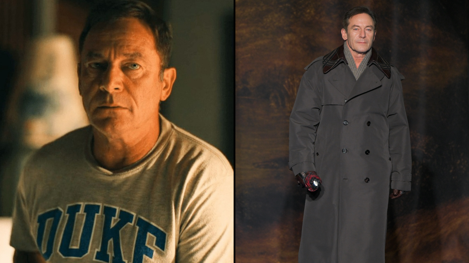 Jason Isaacs in *The White Lotus* and at a Burberry fashion show.